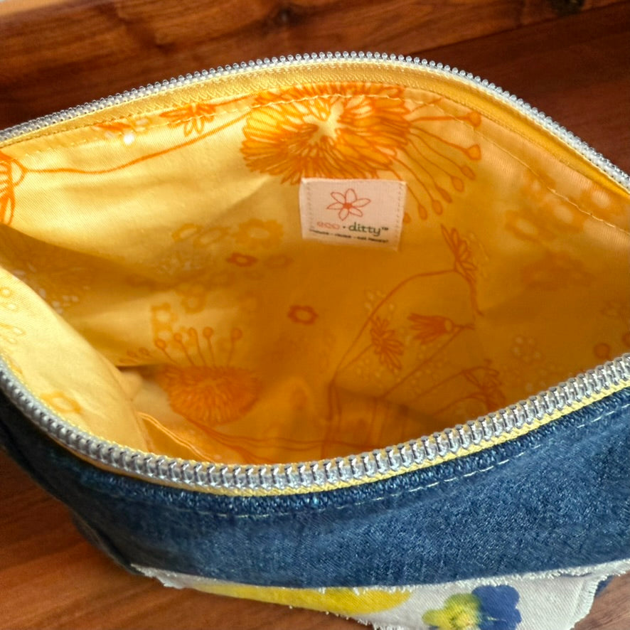 Cosmetics Large Bag: Hammered Pansies Yellow Inside